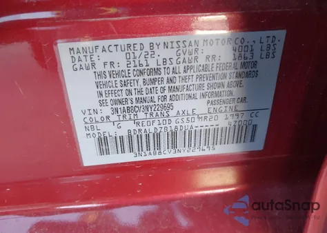 2022 Nissan Sentra Sv Xtronic Cvt z USA, uszkodzony, nr VIN 3N1AB8CV3NY229695